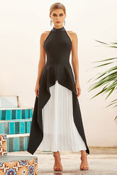 Vestido blanco y negro con cuello halter y espalda abierta